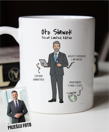 Kubek personalizowany na prezent dla szefa tworzony z własnej podobizny