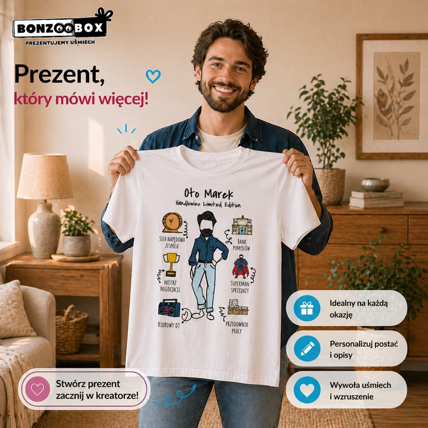 Personalizowany prezent dla kolegi z pracy - koszulka z postacią, tekstami i atrybutami
